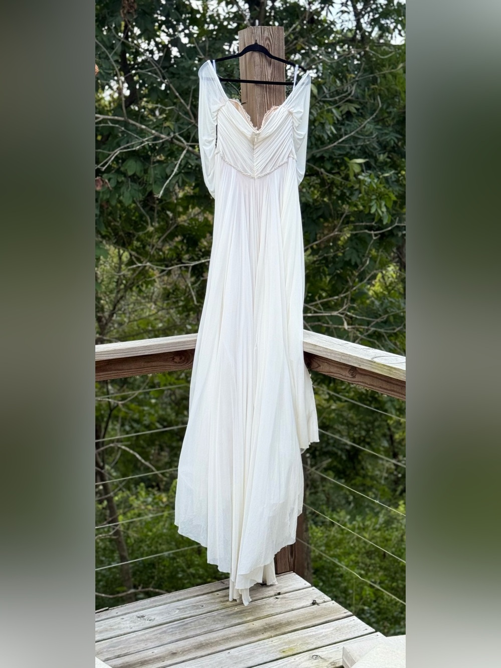 Watters Ivory Off-Shoulder Long Sleeve Chiffon Gown - Picture 9 of 15